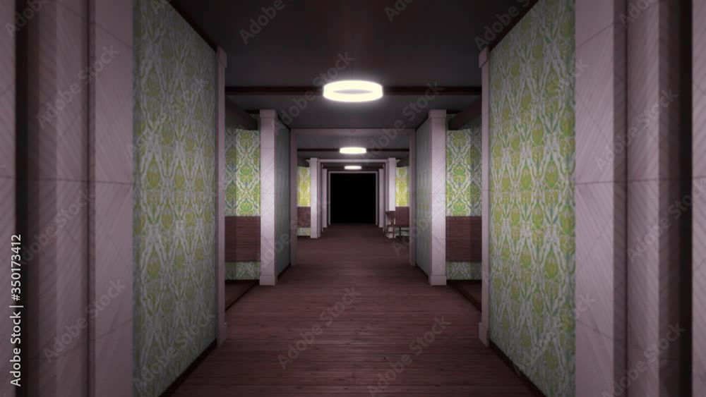 Poster old corridor with dark end. animation. moving forward along corridor with old interior and linear li