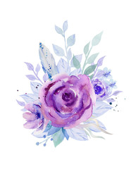 Purple flower bouquet. Abstract blue flowering. Watercolour illustration isolated on white background.
