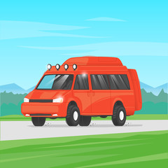 Camping, camper voyage, van. Flat design vector illustration.