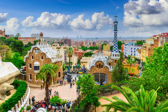 Park Guell in Barcelona, Catalunya, Spain. Architecture and landmark of Barcelona. Skyline of Barcelona