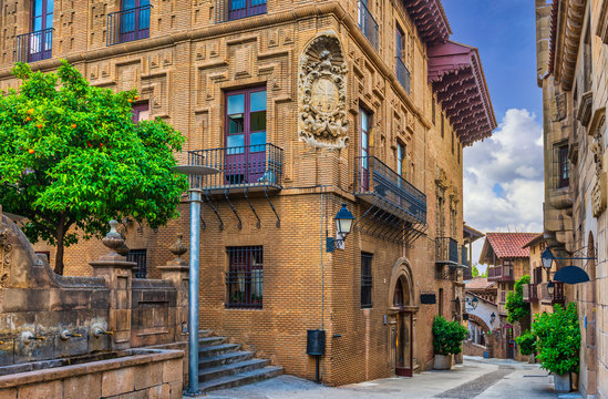 Poble Espanyol de Montjuic traditional architectures in Barcelona, Catalonia, Spain. Architecture and landmark of Barcelona.