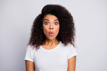 Close-up portrait of her she nice attractive lovely pretty amazed cheerful wavy-haired girl cool news isolated over light white pastel color background