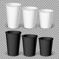 Realistics Black and white Disposable papers Cups. For various hot drinks, coffee, cappuccino, cacao or tea. Mockup for brand template. vector illustration.