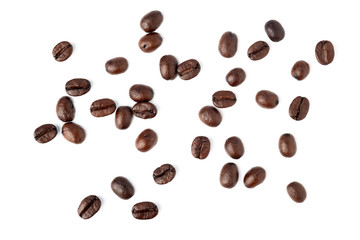 Top view of Roasted coffee beans pile isolated on white background.