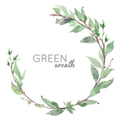 Hand drawn watercolor green leaves wreath