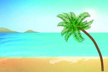 Fototapeta na wymiar Summer view of the beach . Tropical background for summer holidays. Sea, sand, sky, wave, sun, palm, mountain. Stock vector illustration.