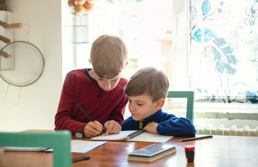 Fototapeta na wymiar Brothers learning at home, Homeschooling 