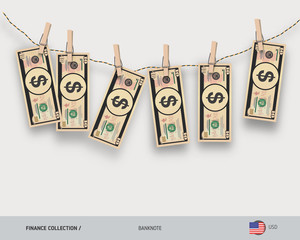 Wet 10 US Dollar banknotes hanging on rope attached with clothes pins. Money laundering concept. Dirty money. Flat style vector illustration.