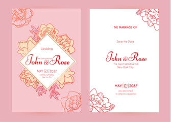 Wedding invitation card set with peony flowers and copper metal effect. Thank you, greeting, birthday, rsvp.