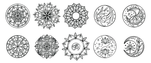 Set of hand drawing zentangle mandalas.Hand drawn mandala with moon, yin yang, om symbol in vector.  Perfect set for surface of design, textiles, posters, tattoos in indian yoga style