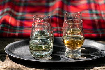 Tasting of different Scotch whiskies on outdoor terrace, dram of whiskey and red tartan