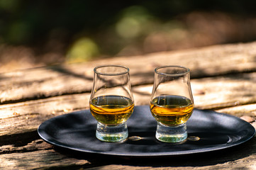 Tasting of different Scotch whiskies on outdoor terrace, dram of whiskey
