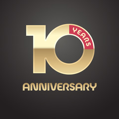 10 years anniversary vector logo, icon. Graphic symbol with golden number