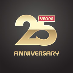 25 years anniversary vector logo, icon. Graphic symbol with golden number