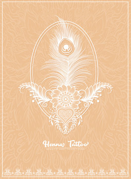 Template design with traditional indian white henna tattoo with peacock feather. Template for wedding invitation, greeting card, banner, gift voucher, label. Vector illustration..