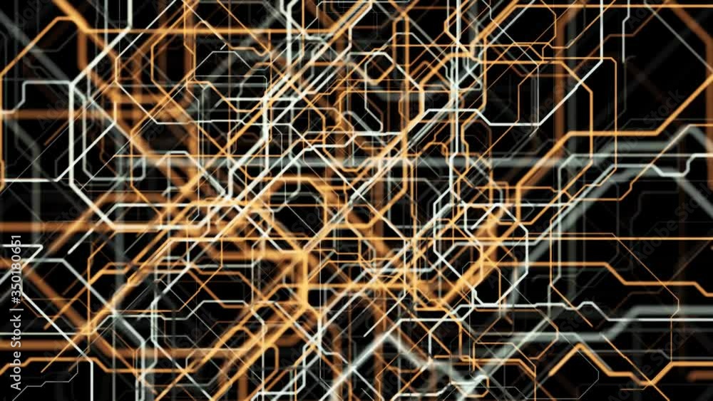 Poster neon lines of computer matrix. animation. curved neon lines create patterns of computer matrix on bl