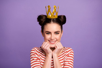 Closeup photo of beautiful lady students prom queen famous person arms on cheeks wear golden tiara white red casual striped shirt isolated pastel purple color background © deagreez