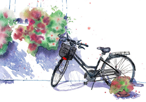 Spring light illustration of a bicycle on a flower street. Watercolor sketch isolated on white background. Can be used for cards, wallpapers, interiors, backgrounds, invitations, fabrics.