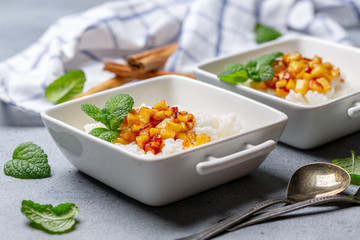 Rice porridge with almond milk.Vegetarian cuisine.