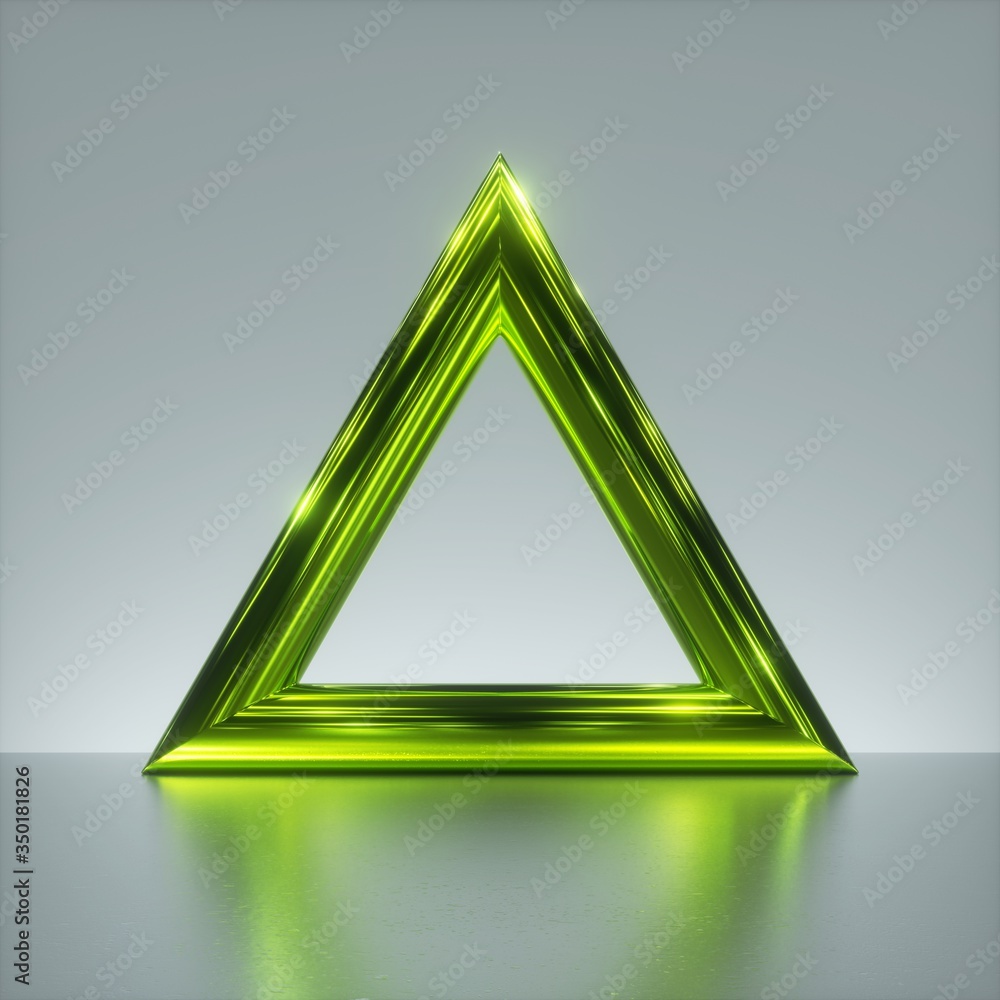 Poster 3d render, shiny metallic green triangle, abstract primitive geometrical shape, triangular frame wit