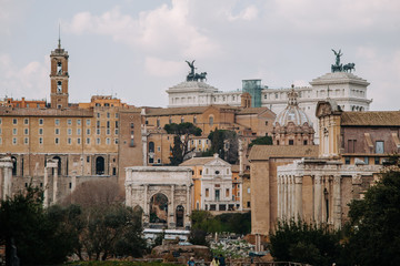 The ancient ruins of the Roman Forum and Palatine hill. Rome, Italy