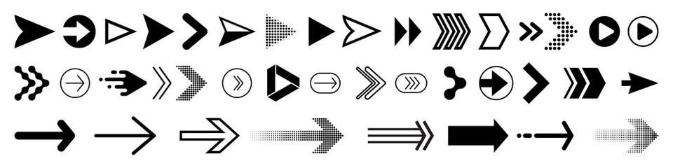 Arrows icons set, modern simple flat black vector pointer signs. Arrow icon set for forward click buttons, web design arrow navigation and apps elements - 350182016
