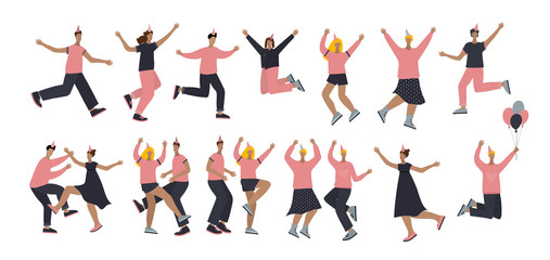 Happy Birthday people jumping and dancing at party illustration. Simple flat woman man character vector postcard cartoon style. Person festive scene celebration cute picture clip art graphic element.