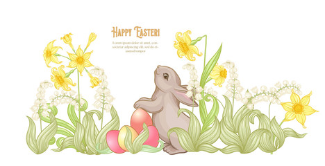 Happy easter Template postcard, poster with a hare, colored eggs and spring flowers. Good for product label with place for text. Colored vector illustration In art nouveau style, vintage retro style