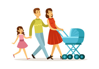 Obraz premium Family walking. Mother father daughter, baby in carriage. Young parents and children vector illustration. Mother and father with daughter and baby walking