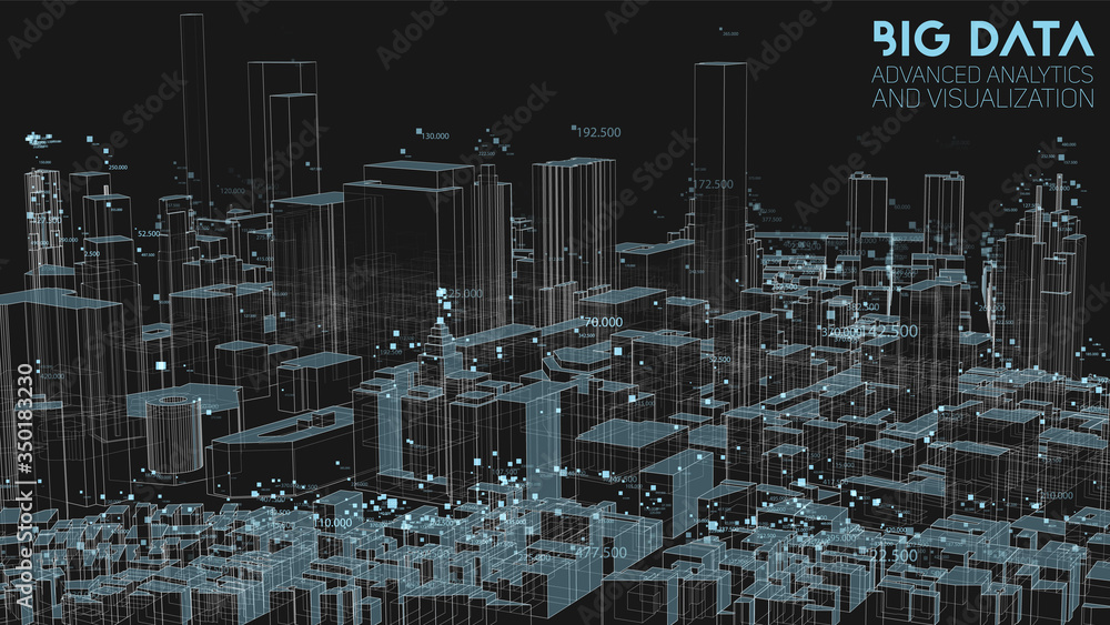 Poster 3d big data in modern city. abstract social information sorting visualization. human connections or 