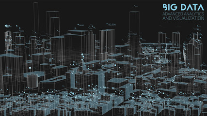 3D Big data in modern city. Abstract social information sorting visualization. Human connections or urban financial structure analysis. Complex geospatial data. Visual information complexity.