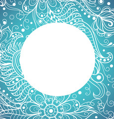 Circle with floral pattern on the blue background. Vector floral frame. 