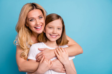 Photo of two people beautiful mommy lady little daughter blonds hugging best friends piggyback...