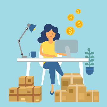 A woman packing order for shipping to customer. She earn money from selling products via online store. Making money by online business concept vector illustration. Drop ship company. Startup owner.