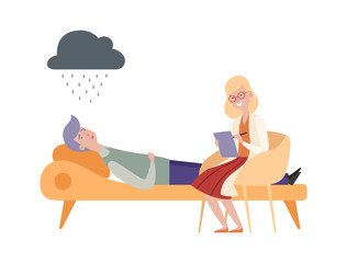 Psychotherapy session. Female doctor, depressed man on couch. Flat cartoon guy with mental disorder vector illustration. Psychiatrist support and consultant therapy