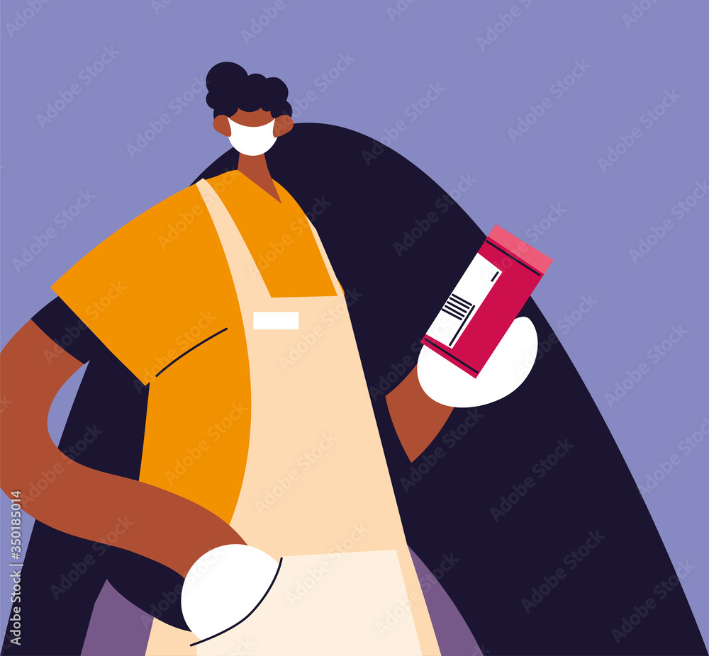 Poster man waiter with face mask and uniform