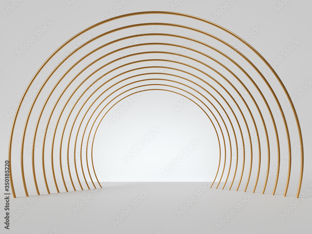 Poster 3d render, abstract minimal art deco geometric background. isolated golden arc lines, empty corridor