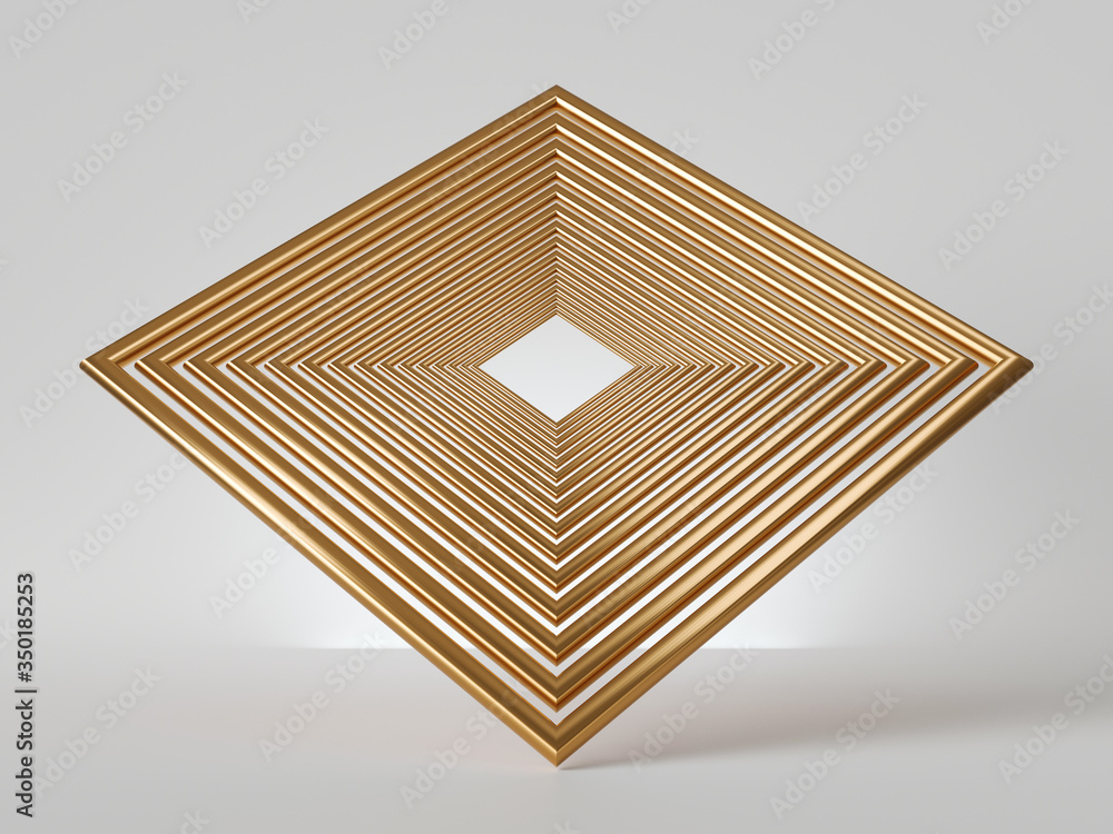 Poster 3d render, abstract golden square object isolated on white background. metallic lines. minimal moder