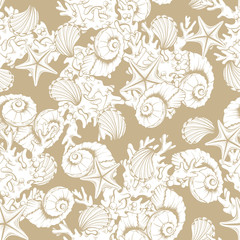 Seashells pattern background, vector sea shell, corals and starfish engraving on beige gold. Marine and ocean underwater seamless pattern line art design for wedding or bridal decoration background