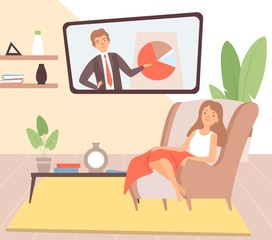 Stay at home. Housewife resting, cartoon woman in chair with blanket watch TV vector illustration. Character at home relax, stay at home quarantine