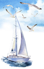 A seascape with a yacht and seagulls flying in a blue sky hand drawn in watercolor isolated on a white background. Watercolor illustration. 