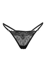 Detailed shot of a black G-string with gray mesh inserts and embroidered fancy pattern. The sexy panties are isolated on the white backdrop. 