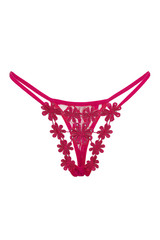 Detailed shot of a hotpink G-string with thin straps and decorated with a net of embroidered...