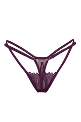 Detailed shot of a burgundy lace G-string with a mesh insert, thin straps and steel decor with rhinestones. The sexy panties are isolated on the white backdrop.  - obrazy, fototapety, plakaty