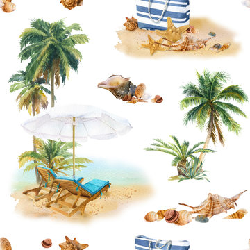 Picturesque seamless pattern  of tropical plants, seashells,deck chair, beach umbrella hand drawn in watercolor isolated on a white background. Watercolor floral pattern. Tropical pattern 5000x5000 px