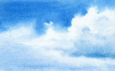 Blue sky background hand drawn in watercolor. Picturesque cloudscape. Watercolor illustration.