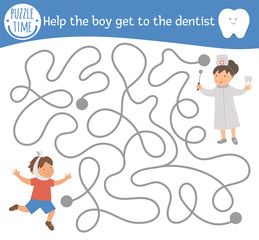 Dental care maze for children. Preschool medical activity. Funny puzzle game with cute doctor and child with aching tooth. Help the boy get to the dentist. Mouth hygiene labyrinth for kids.