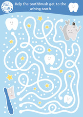 Naklejka na ściany i meble Dental care maze for children. Preschool medical activity. Funny puzzle game with cute kawaii toothbrush and ill teeth. Help the brush get to the aching tooth. Mouth hygiene labyrinth for kids.