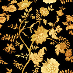Seamless pattern with stylized ornamental flowers in retro, vintage style. Jacobin embroidery. Vector illustration In gold and black.