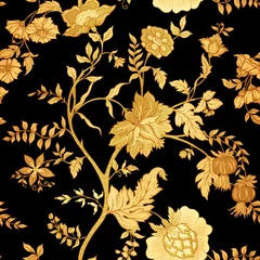 Gordijnen Naadloze patroon met gestileerde sierbloemen in retro, vintage stijl. Jacobijnse borduurwerk. Vectorillustratie In goud en zwart. © Elen  Lane